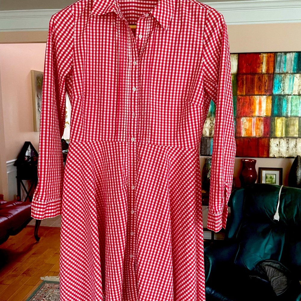 Red and white gingham dress with flared skirt